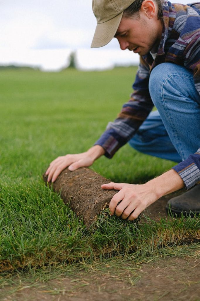 pexels-photo-5231232-3 Side view of male worker laying sod grass onto ground for new garden lawn while working in countryside on blurred background